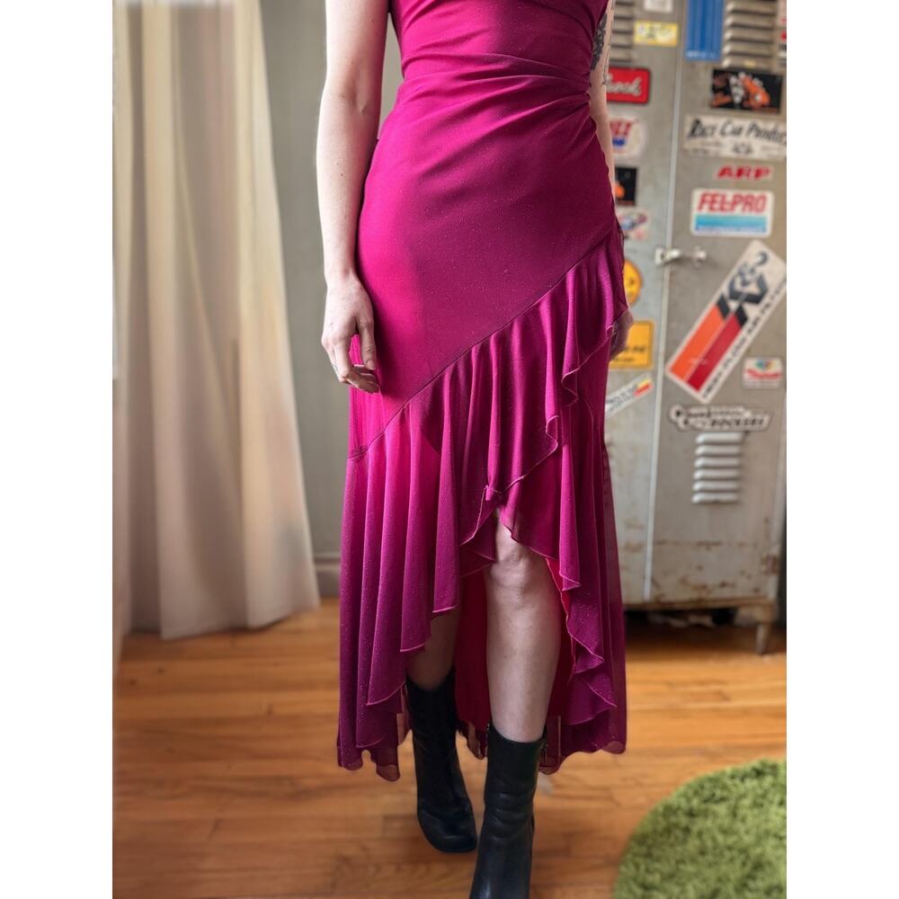 Vintage Y2K Magenta Mermaid Prom Dress | Pink Glitter Gown | Mesh Ruffle | XS - Picture 3 of 11